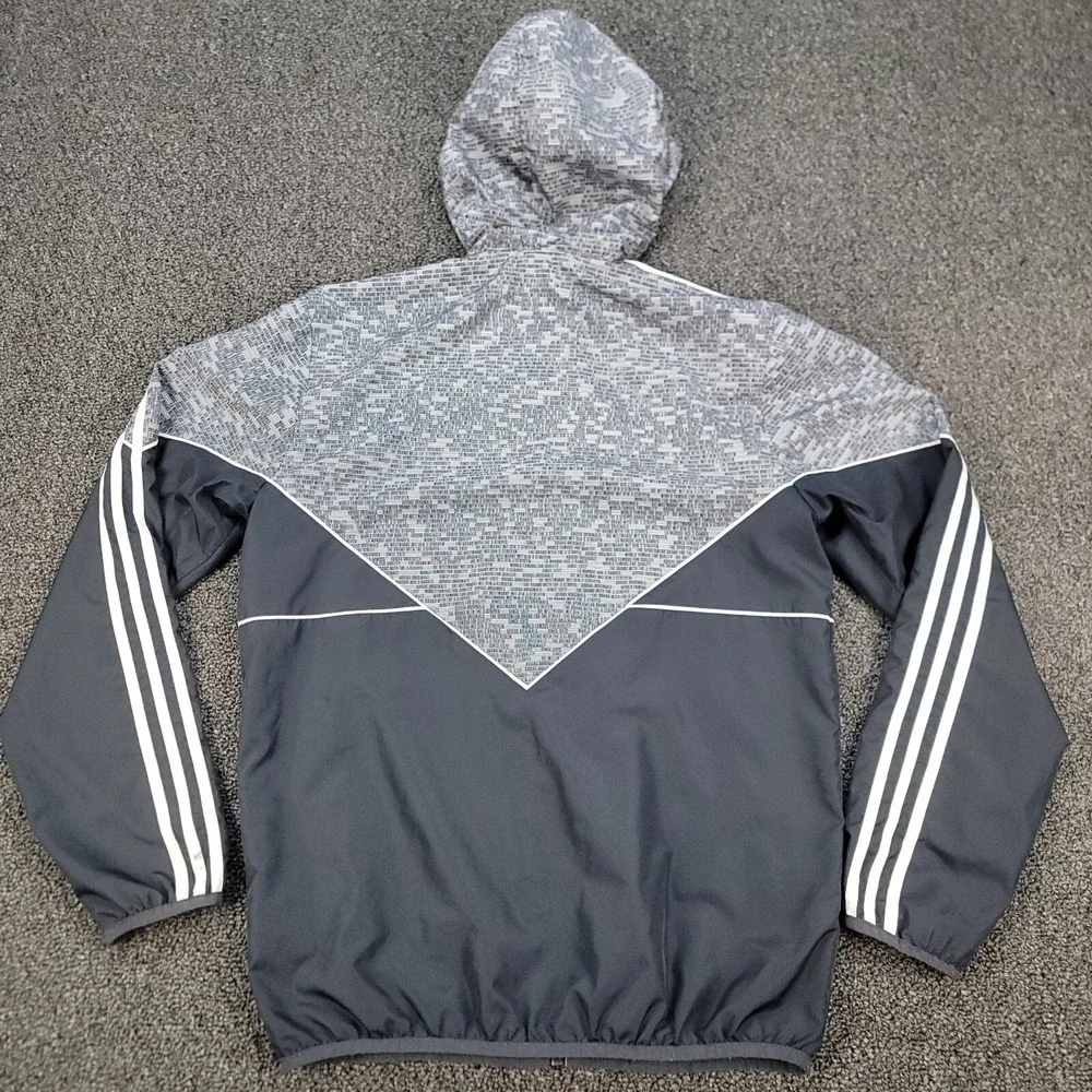 Adidas Windbreaker Mens S Navy Gray Trefoil Chevron Full Zip Hooded Jacket Retro